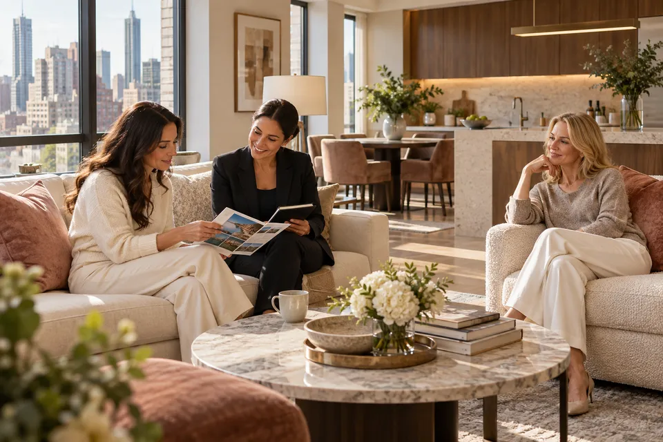 A traveler and a coordinator reviewing an itinerary in a warm apartment living room